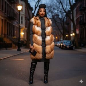 Unique VIOLANTI Red Fox Fur Gilet (Vest) with Knit Hood - Made in Italy